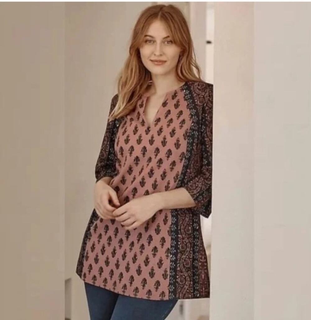 J. Jill Folkloric Stamped Linen Blend Tunic Lagenlook Flowy Boho Medium Tall